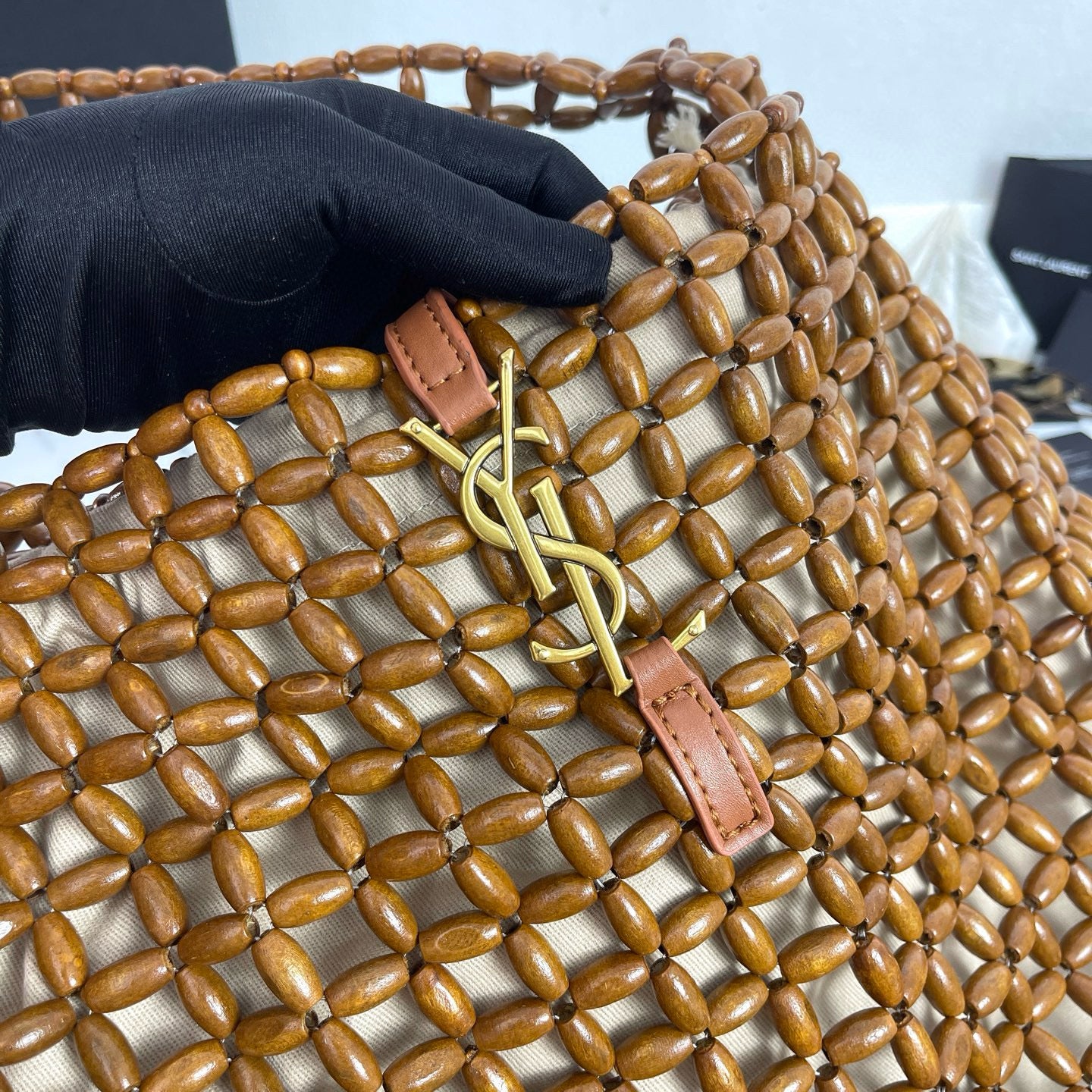 Handwoven Wooden Bead Hobo Bag.