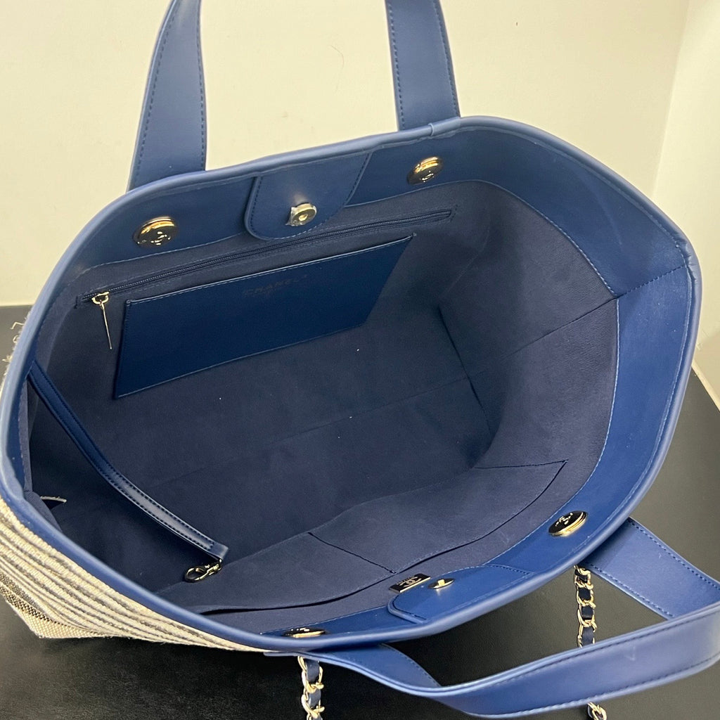 Inspired Striped Quilted Denim Beach Tote Bag