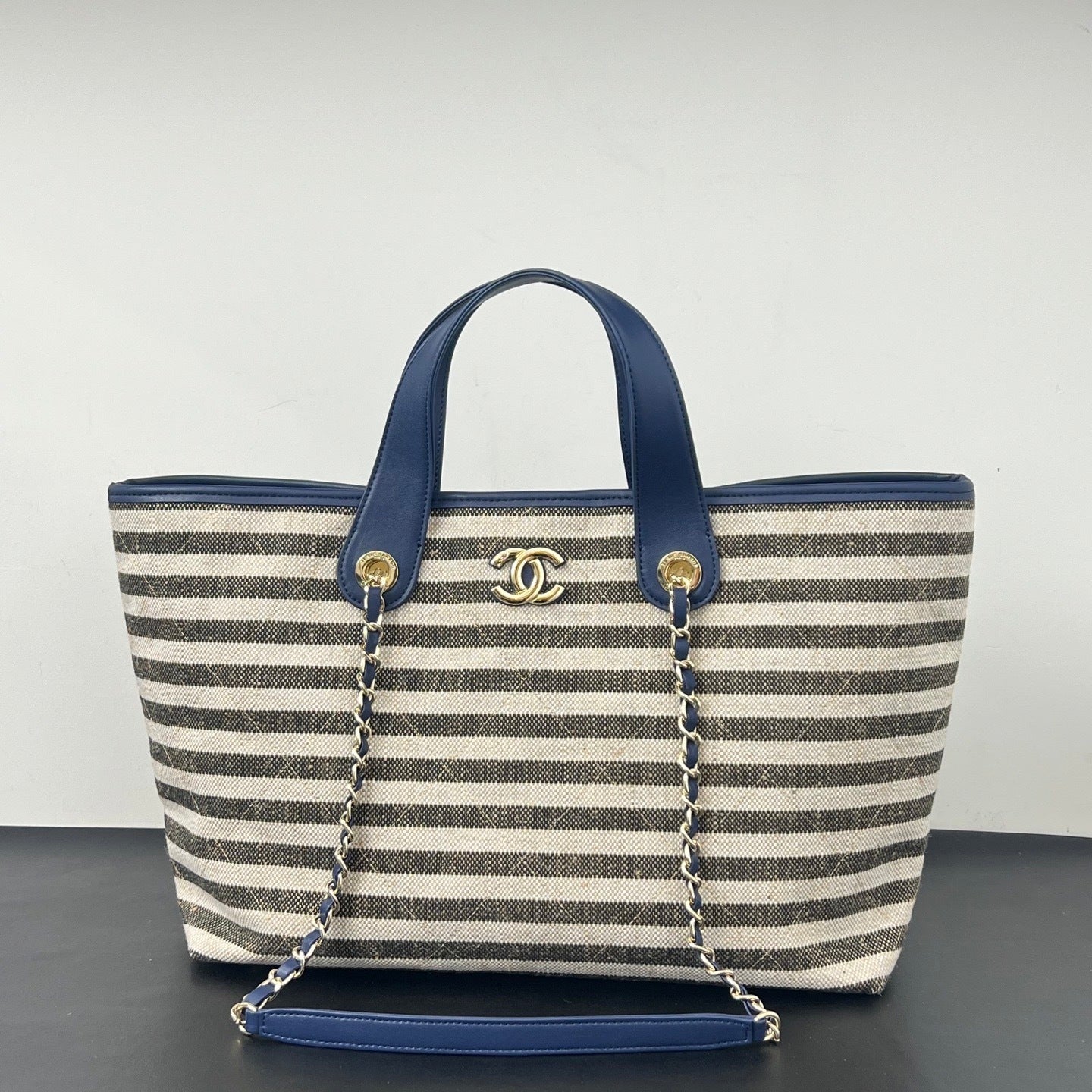 Inspired Striped Quilted Denim Beach Tote Bag