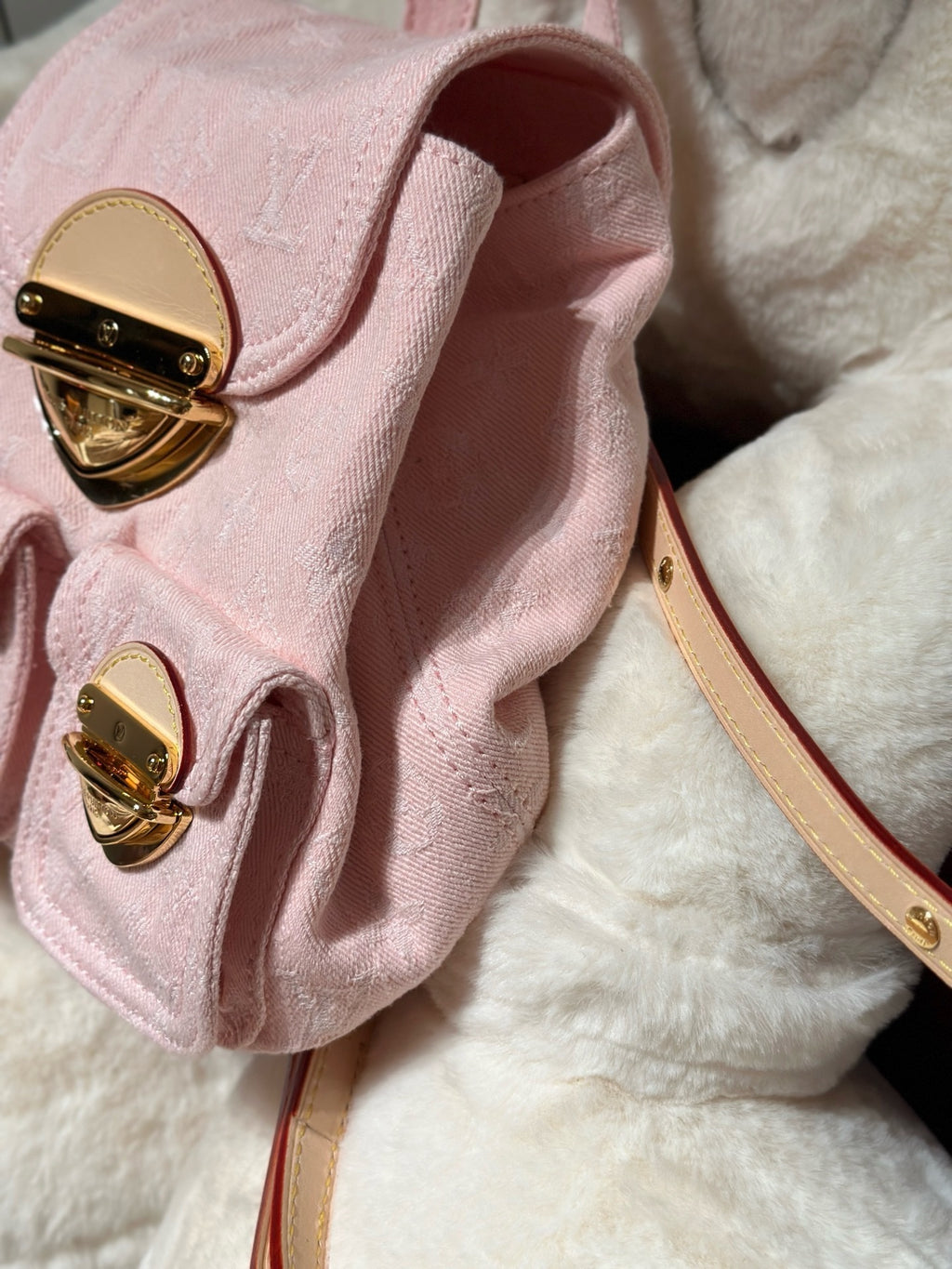 Washed Monogram-Texture Denim Backpack — 26cm