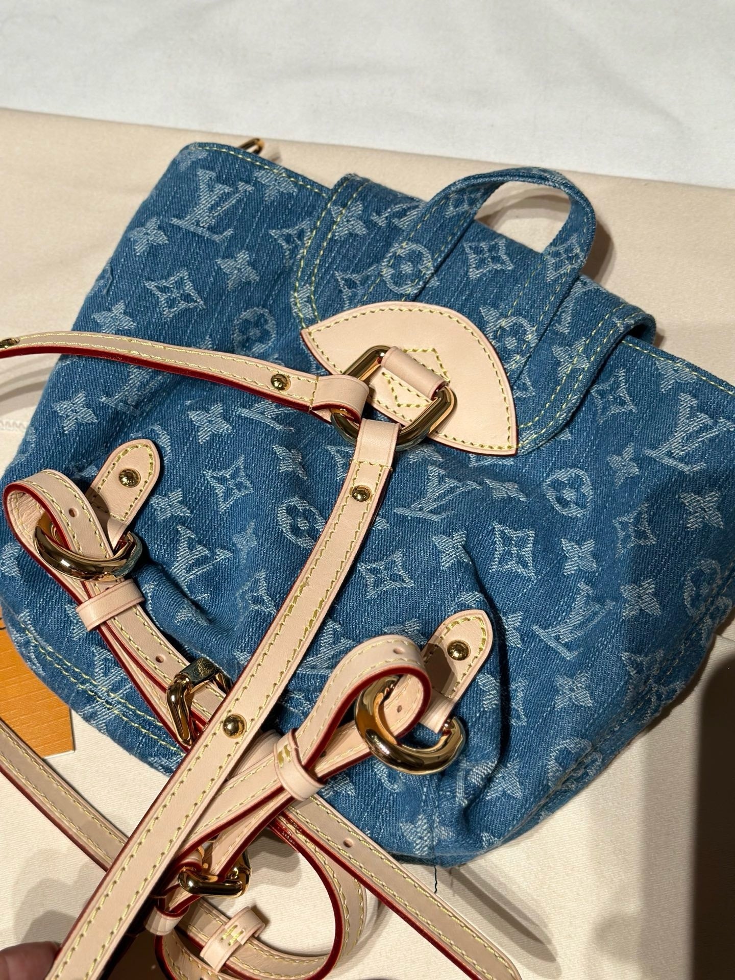 Washed Monogram-Texture Denim Backpack — 26cm