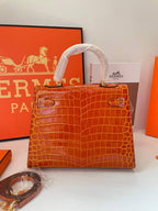 28cm Crocodile-Embossed Leather Top-Handle & Shoulder Bag