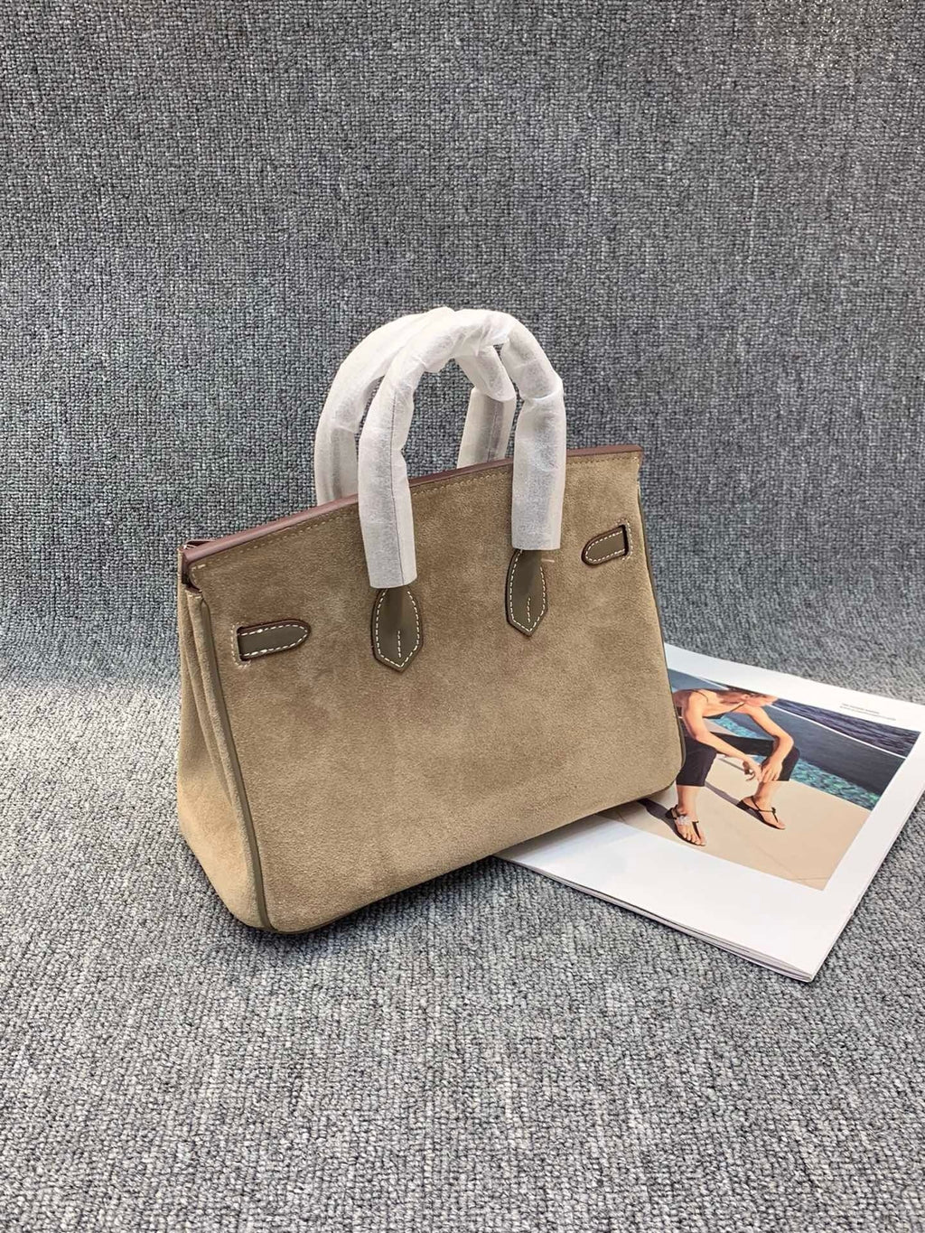 Suede B*K Tote Bag with Double Shoulder Straps – 25/30 cm