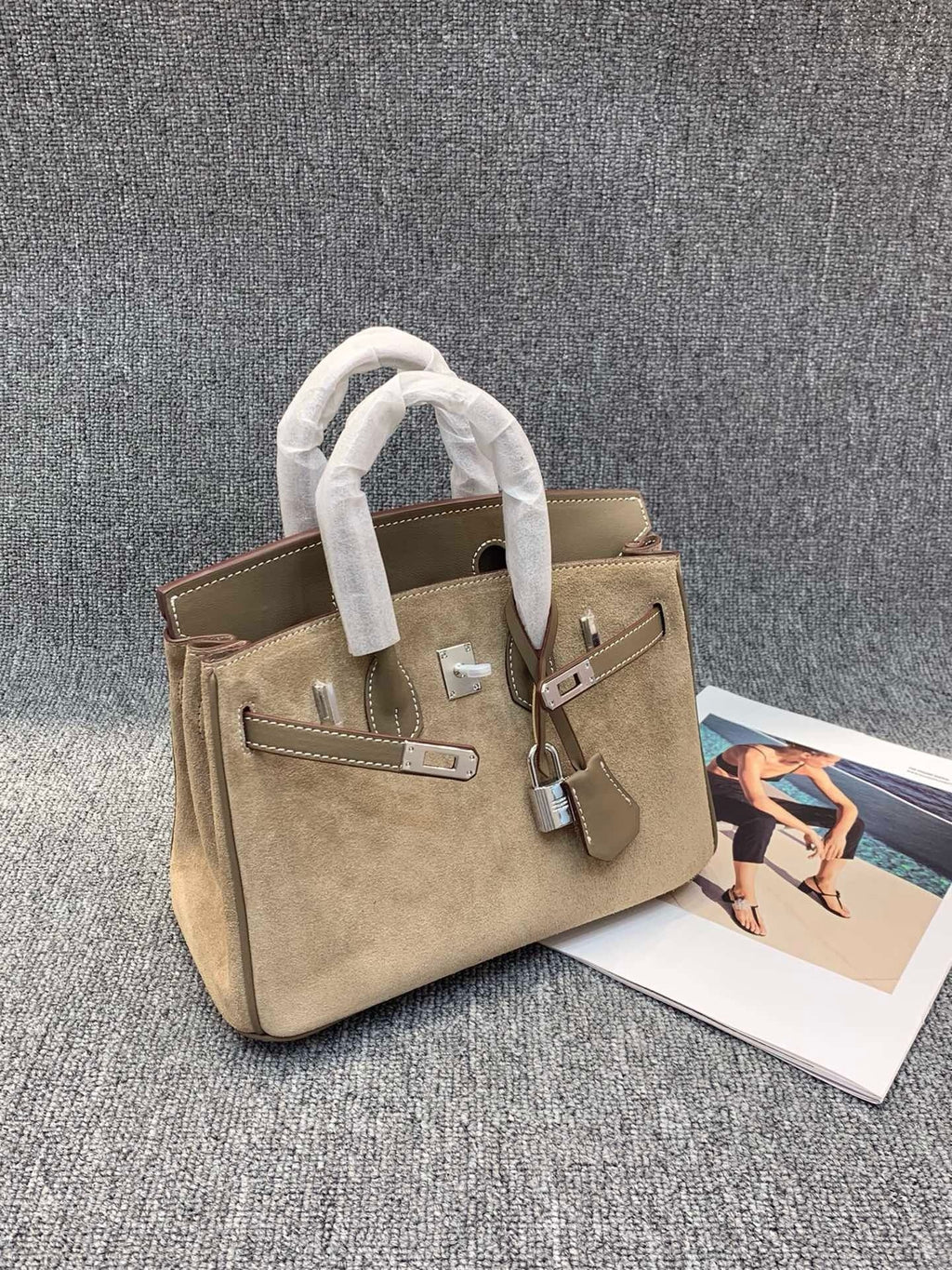 Suede B*K Tote Bag with Double Shoulder Straps – 25/30 cm