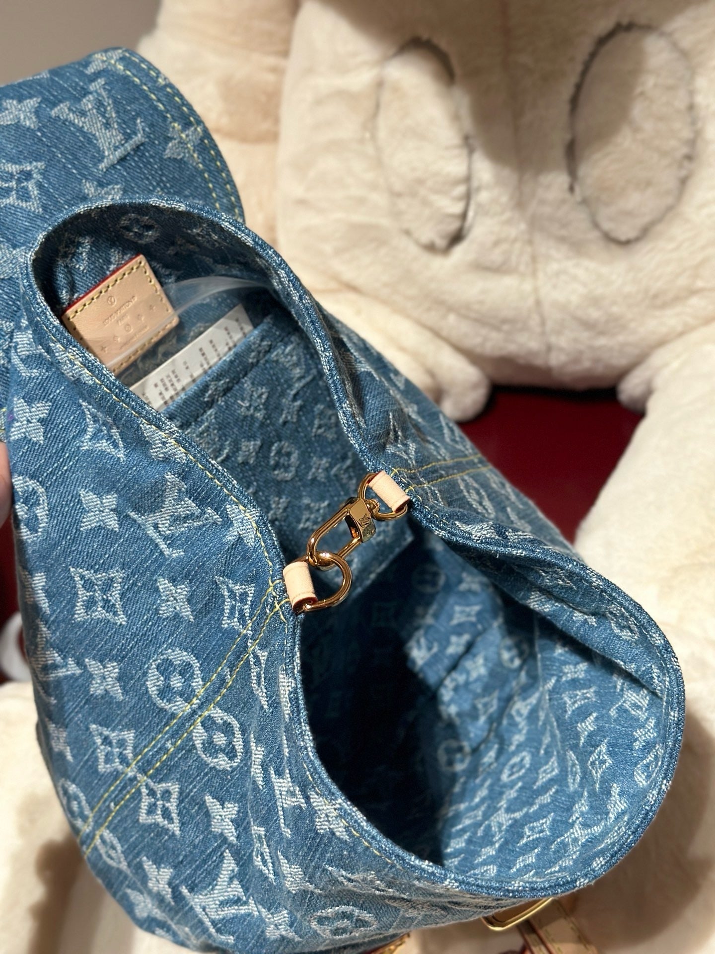 Washed Monogram-Texture Denim Backpack — 26cm